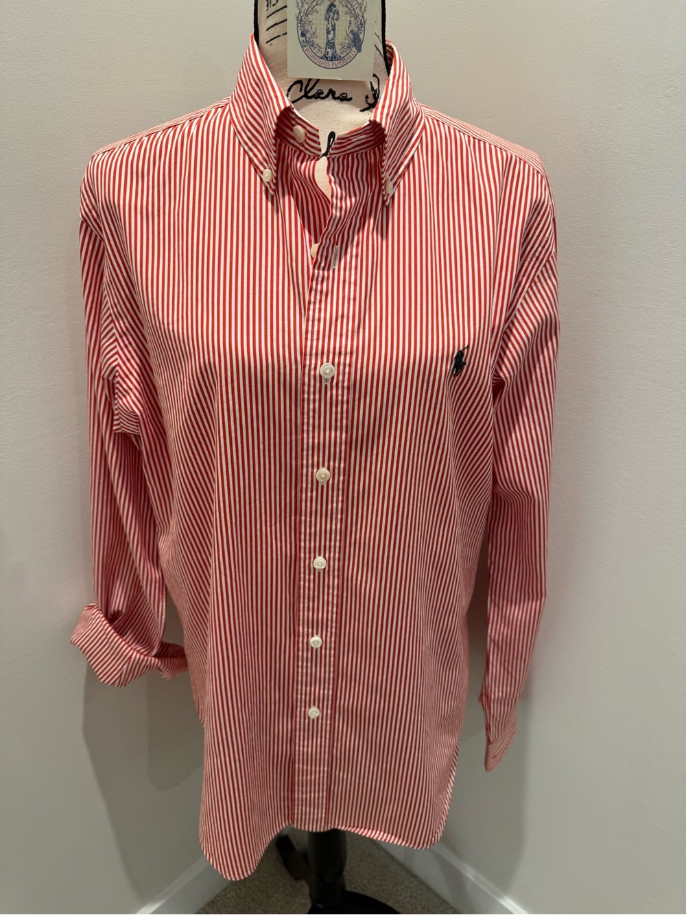 Classic Polo Ralph Lauren Red & White Striped Long-Sleeve Button Up Shirt M